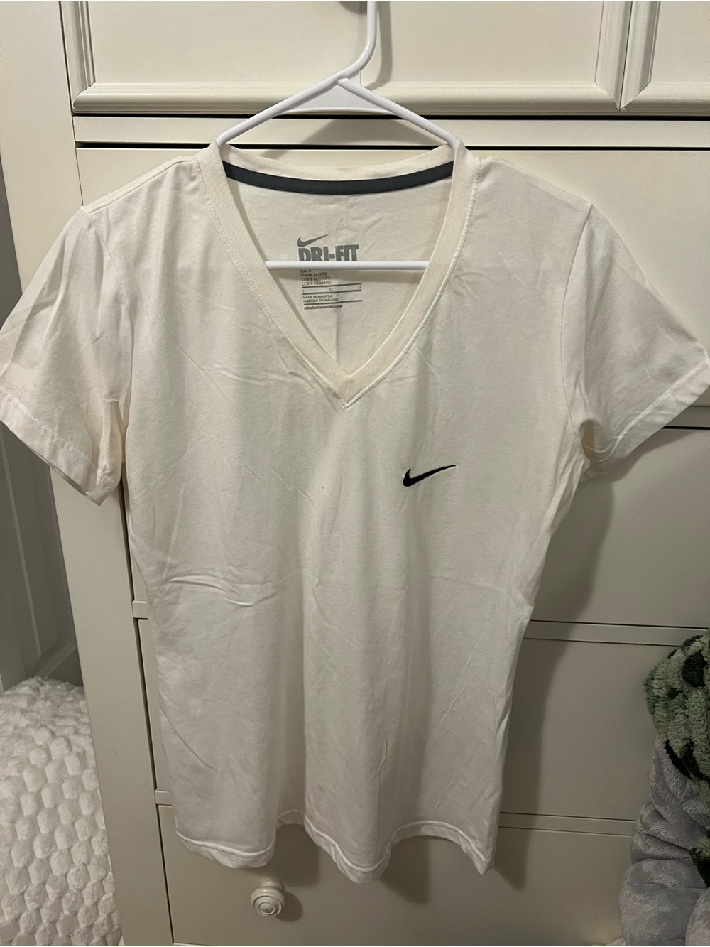 Nike White V-Neck Dri-FIT Short Sleeve Tee with Black Swoosh